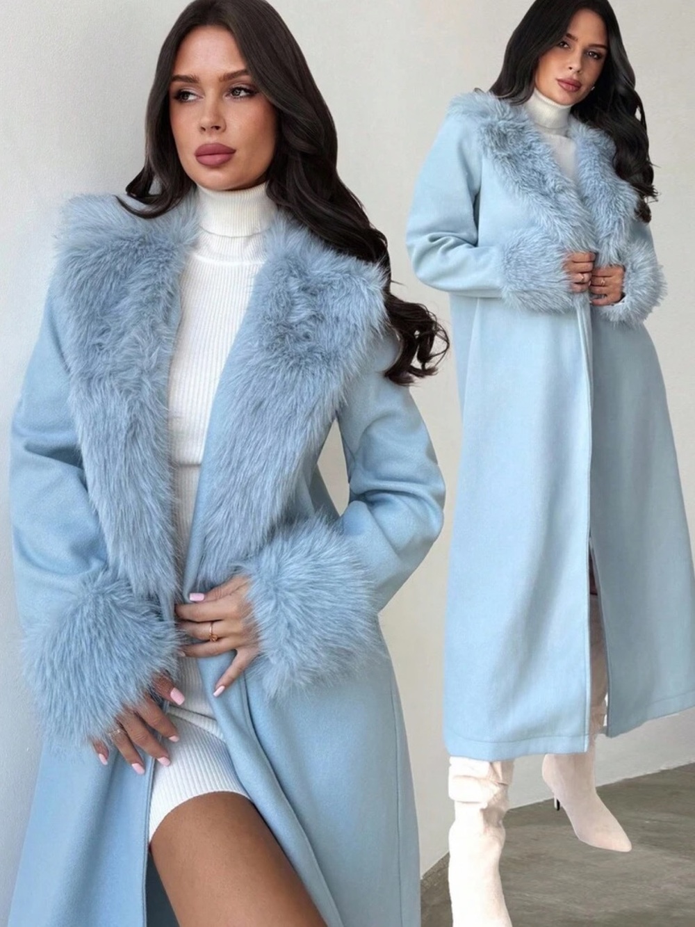 Light Blue Long Coat Faux Fur Collar Cuffs Open Front long peacoat - Picture 3 of 4